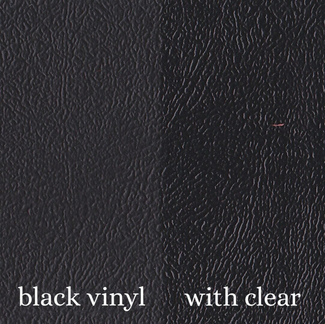 Picture of black vinyl with half of right side coated in Clear Prep Finish by Rub n Restore