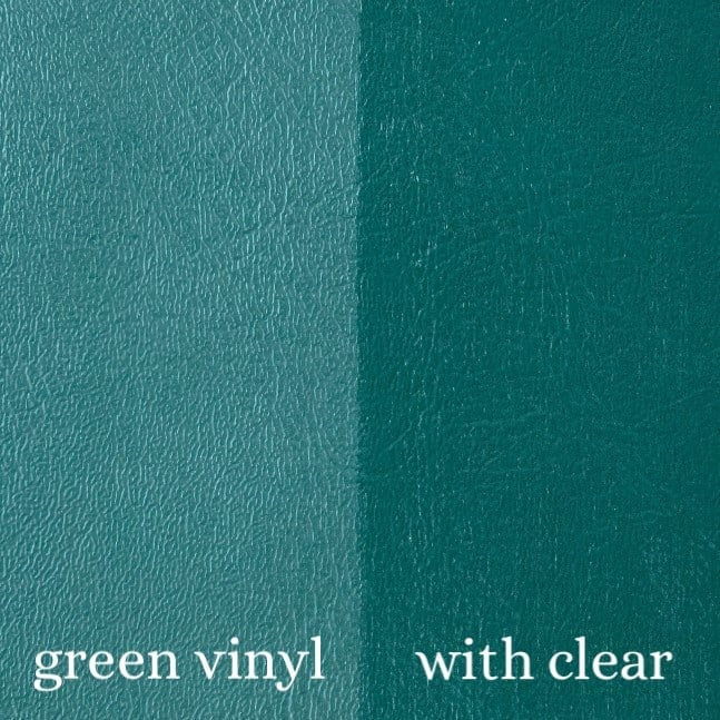 Picture of green vinyl with right half coated with Rub n Restore Clear Prep+Finish
