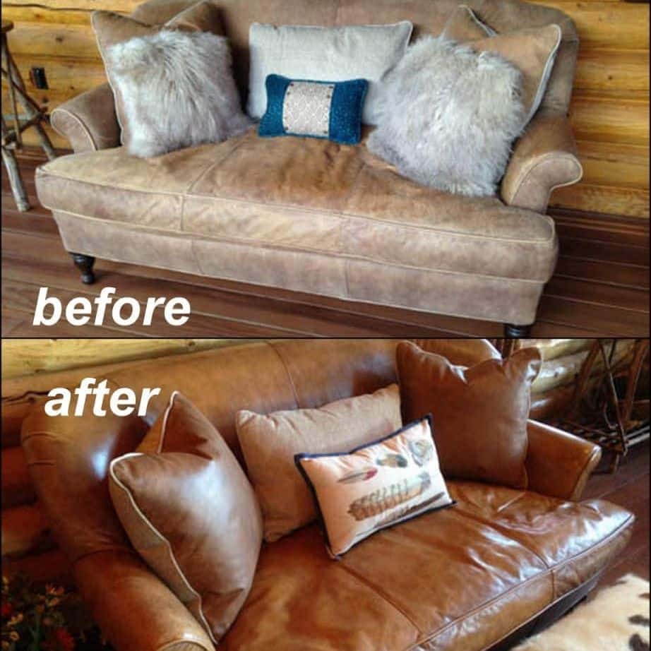Collage showing tan aniline leather couch before (lighter) and after Clear Prep+Finish (richer)