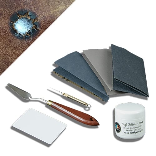 Picture of Rub n Restore leather repair kit with flexible filler putty, application and spreading tools, and sandpaper along with example of burned, torn leather in upper left corner