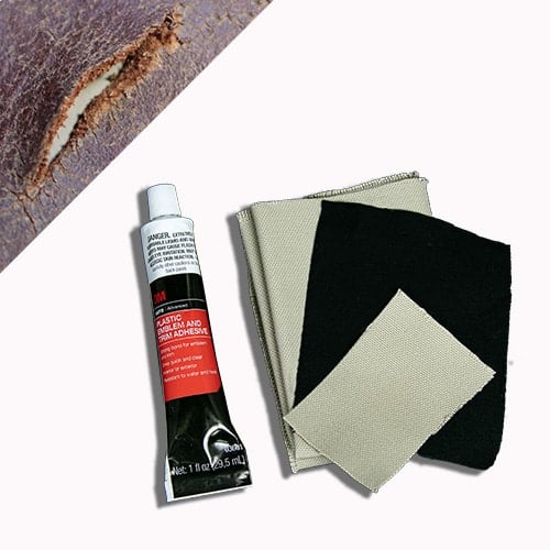 Picture of Rub n Restore subpatch kit containing denim or twill patch and flexible 3M glue along with example of torn leather in upper left corner