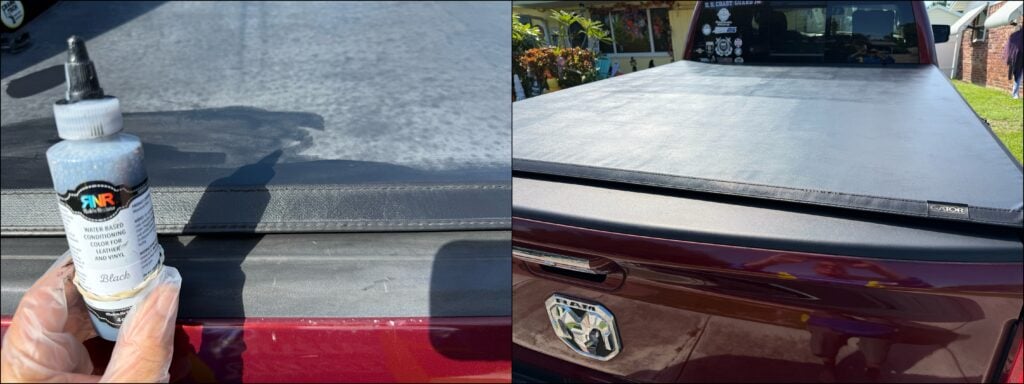 Collage showing customer photos of Black Rub 'n Restore on 2019 Dodge Ram truckbed cover made by Gator that had severely sun faded.