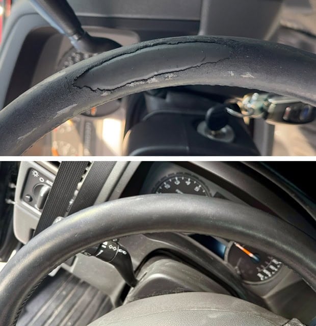 Customer collage showing massive hole in leather wrapped steering wheel that was repaired with super glue, baking soda, sanding, and Rub 'n Restore Black leather paint