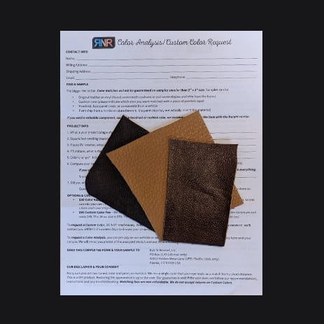 Picture of our color matching request form with examples of leather and vinyl swatches