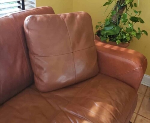 Picture of leather sofa restored with mix of Rust and Persimmon RubnRestore