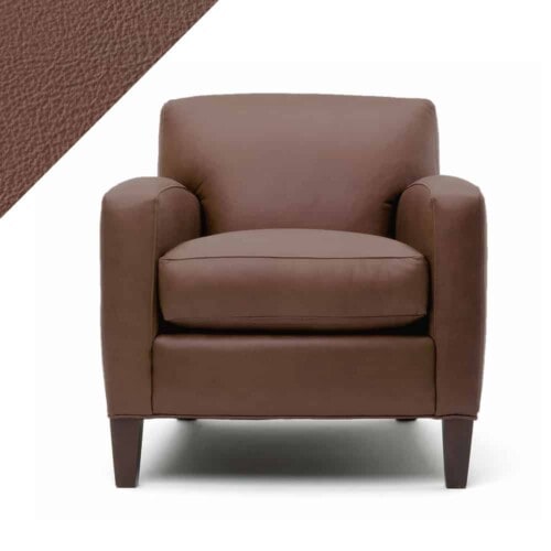 Picture of leather chair showing Rub n Restore light brown Mocha color and triangular swatch in upper left corner for reference