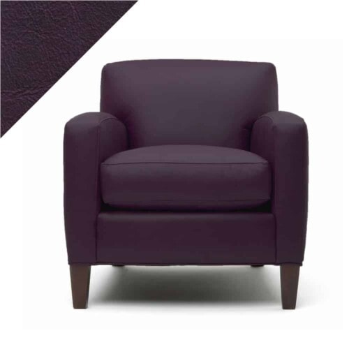 Picture of leather chair showing Rub n Restore purple Eggplant color and triangular swatch in upper left corner for reference