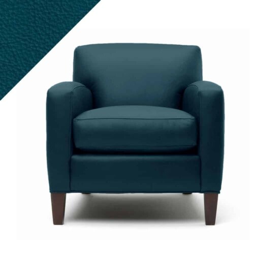Picture of leather chair with Rub n Restore Turquoise teal color and triangular swatch in upper left corner for reference