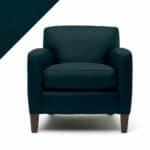 Picture of leather chair with Rub n Restore dark Forest green color and triangular swatch in upper left corner for reference