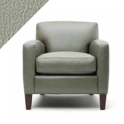 Picture of leather chair with Rub n Restore Sage green color and triangular swatch in upper left corner for reference