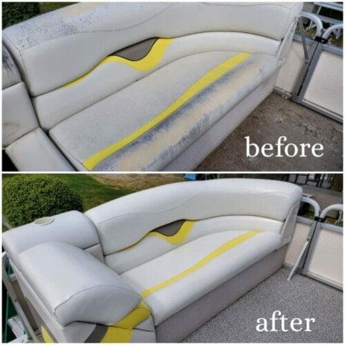 Before-after collage of sun-damaged, mildew-stained marine vinyl on boat interior