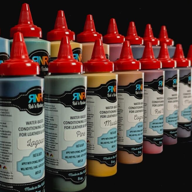 Glamour shot of array of colors available in Rub n Restore leather paint