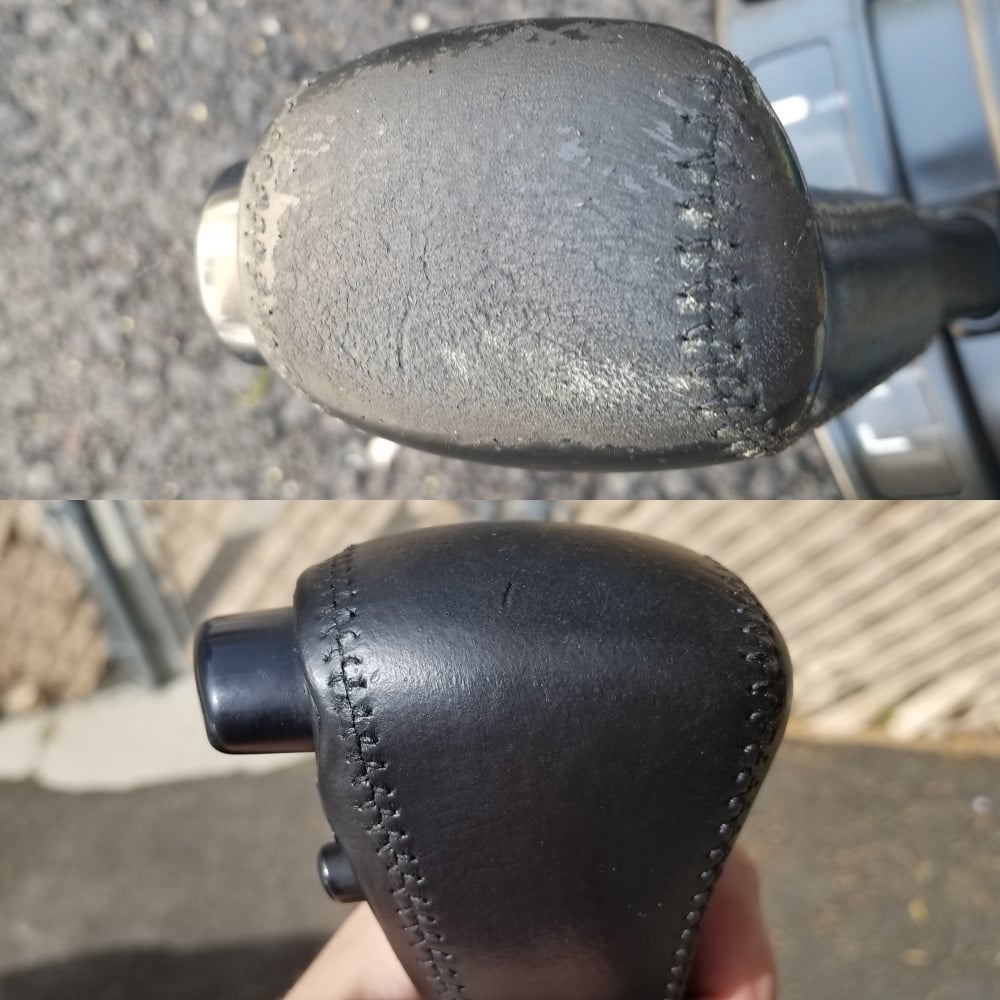 Collage showing cracking, worn, faded leather gear shift above and after refinishing with black RubnRestore leather dye below