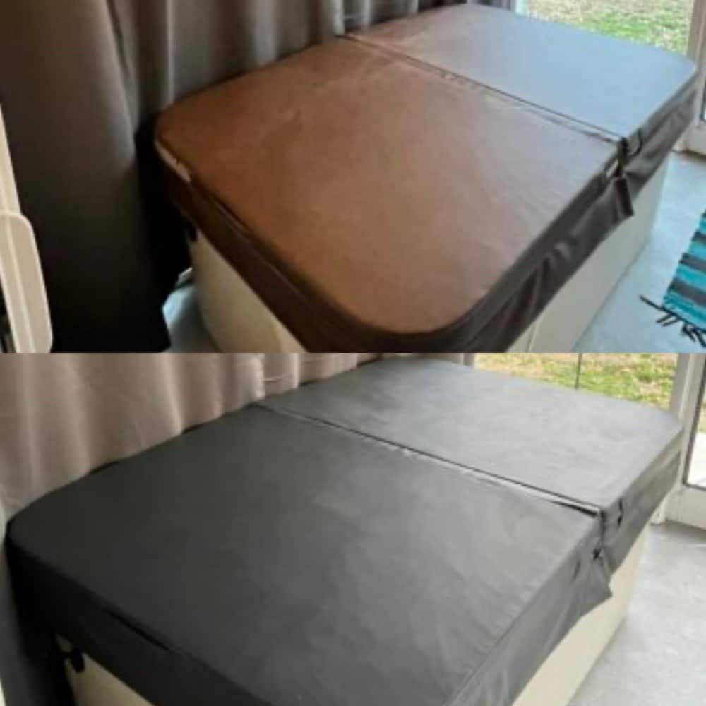 Collage showing brown hot tub cover above and changed to dark grey using Rub n Restore Peppercorn vinyl paint below