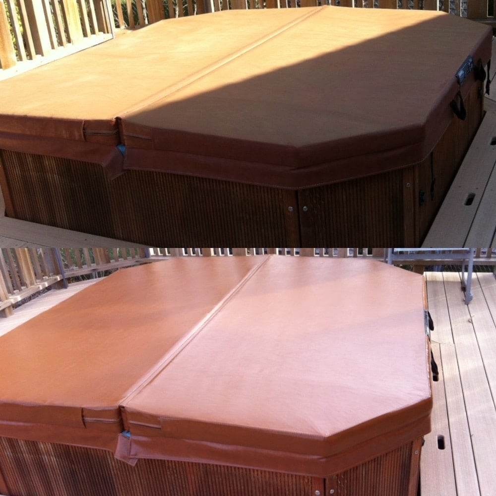 Collage showing redwood vinyl spa cover before restoration above and cover after Rust Rub n Restore vinyl paint protector below