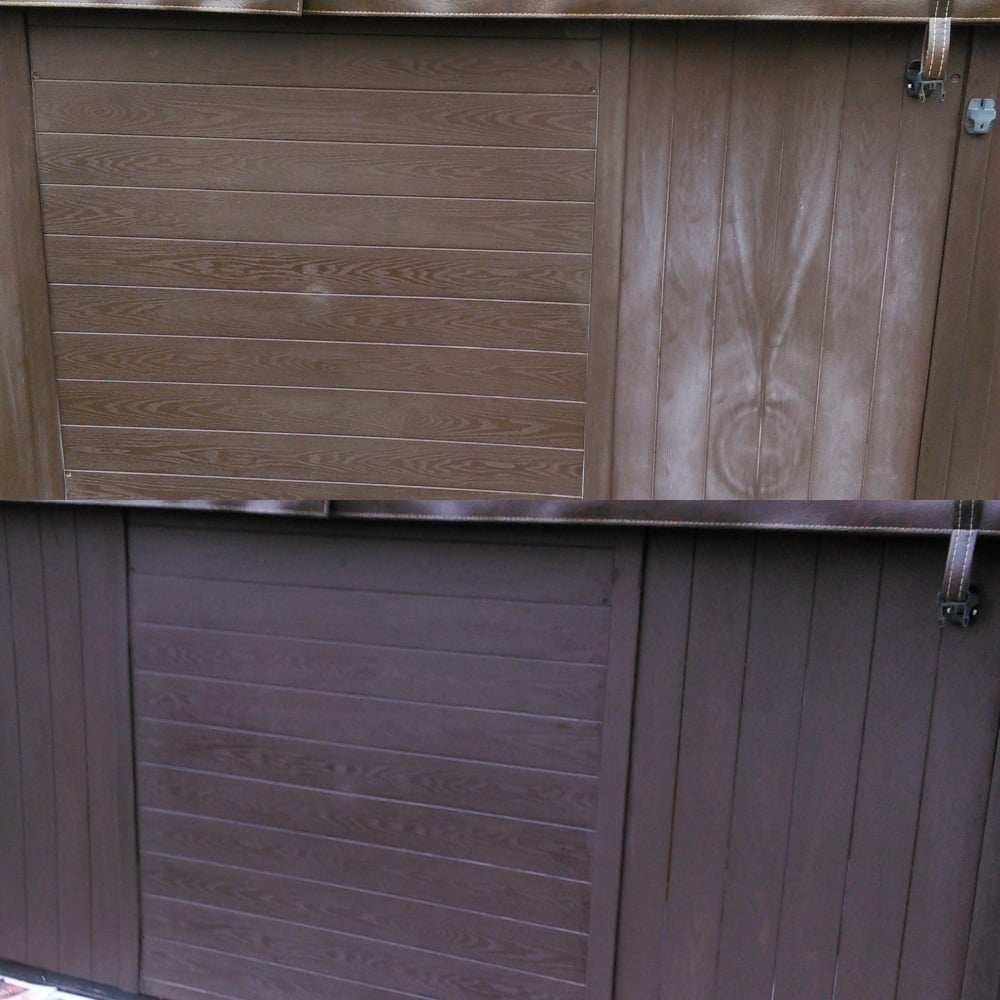 Collage of faded jacuzzi hot tub siding and after application of Rub n Restore vinyl paint, which also works on plastic