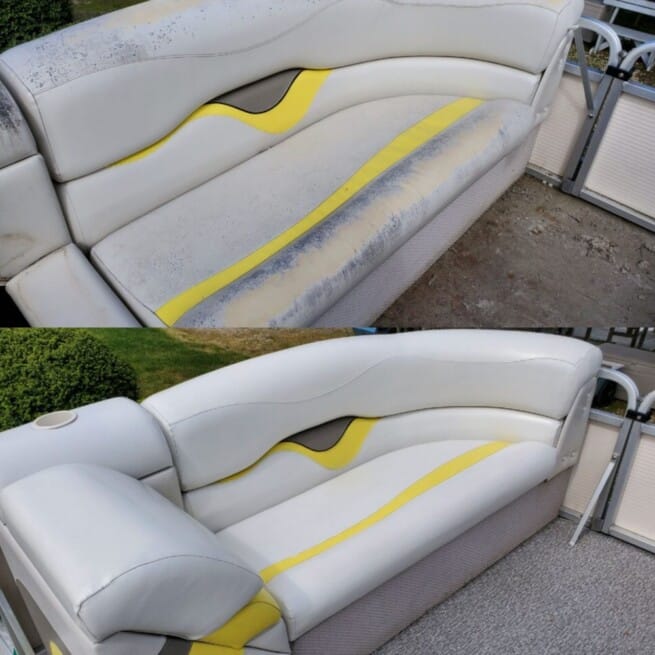 Collage showing stained, faded, sun damaged pontoon boat vinyl above and after recoloring and UV protection with Marine White Rub n Restore vinyl dye below