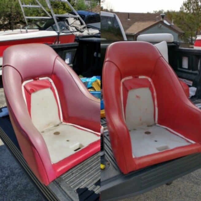 Collage showing sun-faded pink jet boat seat on right and after Red Chili RubnRestore vinyl dye on right