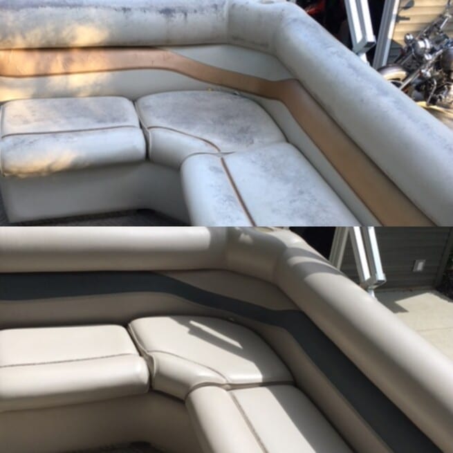 Collage showing mold stained vinyl pontoon seats above and after UV protection and new RubnRestore grey vinyl paint