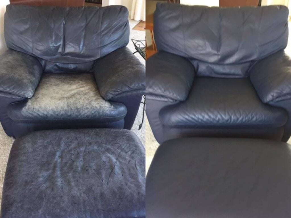 Collage showing worn navy blue chair and ottoman before and after restoration with Rub n Restore Midnight Blue leather dye