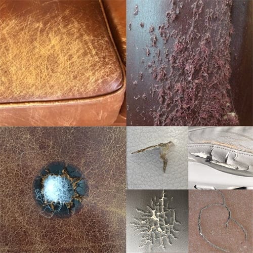 Examples of leather and vinyl damage that can be repaired.