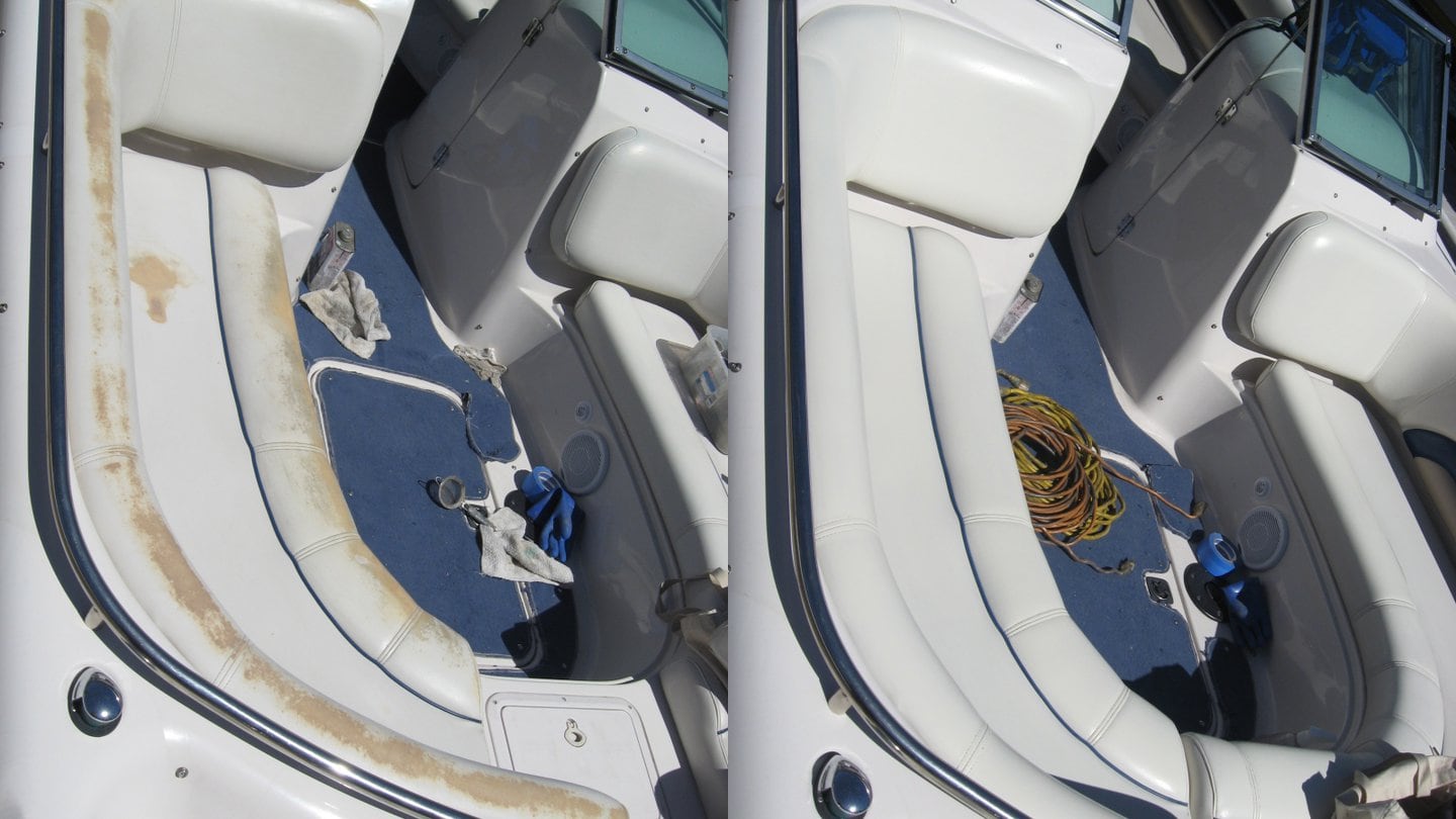 Collage showing white boat vinyl damaged by soft scrub and after refinishing with Rub n Restore