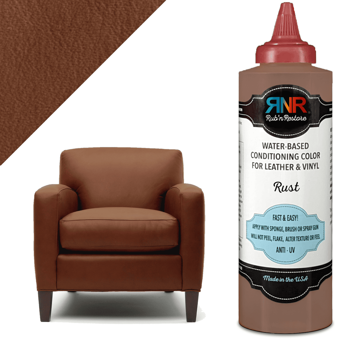 Image of bottle of Rub n Restore Rust vinyl leather dye alongside chair and triangular example of brick red oxide color