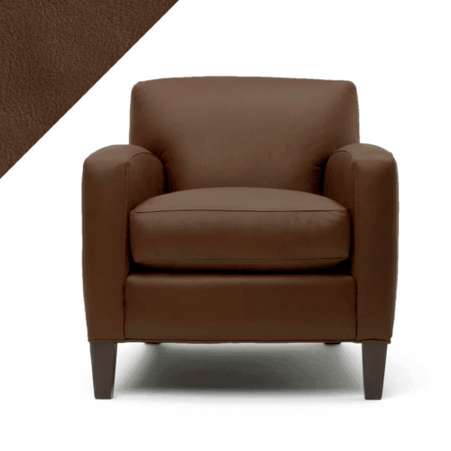 Picture of leather chair demonstrating Rub n Restore rich Tobacco brown color and triangular swatch in upper left corner for reference