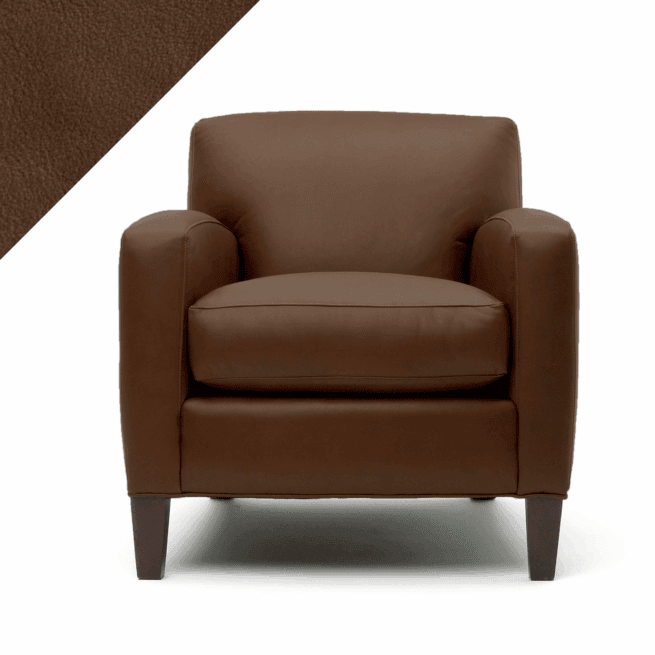 Picture of leather chair demonstrating Rub n Restore rich Tobacco brown color and triangular swatch in upper left corner for reference