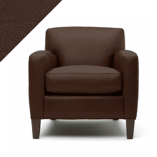 Picture of leather chair demonstrating Rub n Restore Walnut brown color and triangular swatch in upper left corner for reference