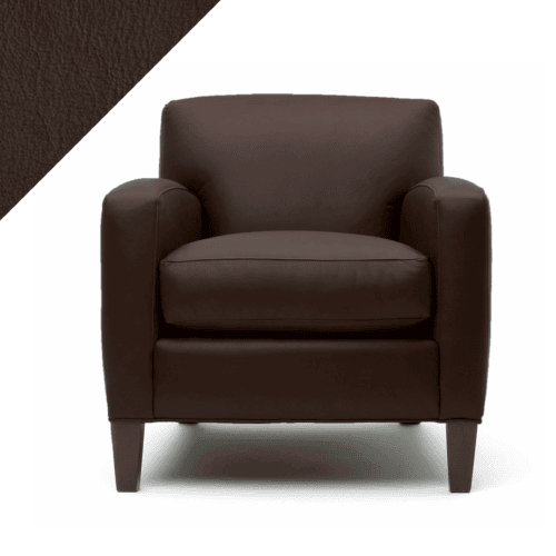 Graphic of chair in dark brown Chocolate Rub n Restore with triangular swatch of color of leather in upper left corner