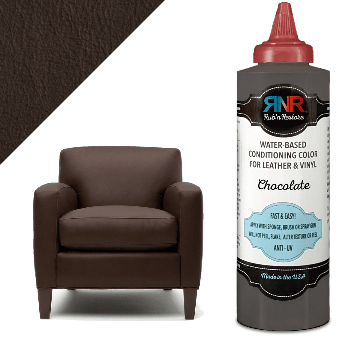 Infographic of dark Chocolate brown Rub n Restore leather paint in bottle, applied to leather club chair, and on swatch of leather