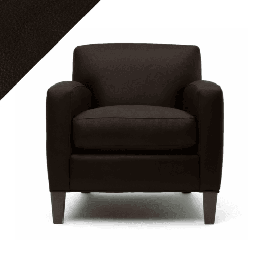Picture of leather chair demonstrating Rub n Restore dark brown Mahogany color and triangular swatch in upper left corner for reference