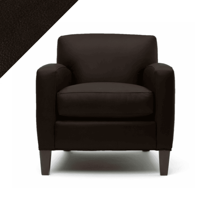 Picture of leather chair demonstrating Rub n Restore dark brown Mahogany color and triangular swatch in upper left corner for reference