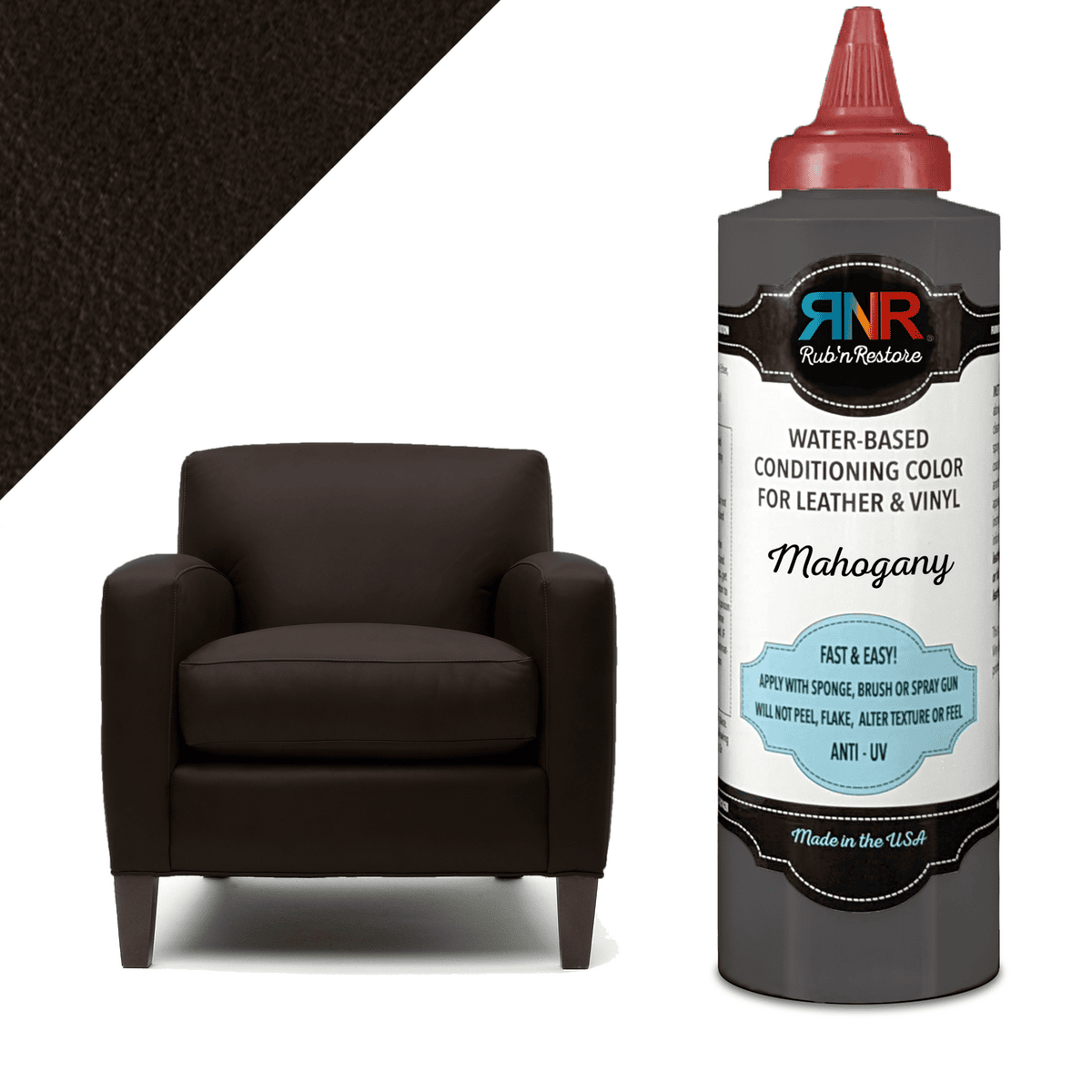 Image showing bottle of Rub n Restore Mahogany leather vinyl dye with matching brown armchair and swatch of color in upper left corner
