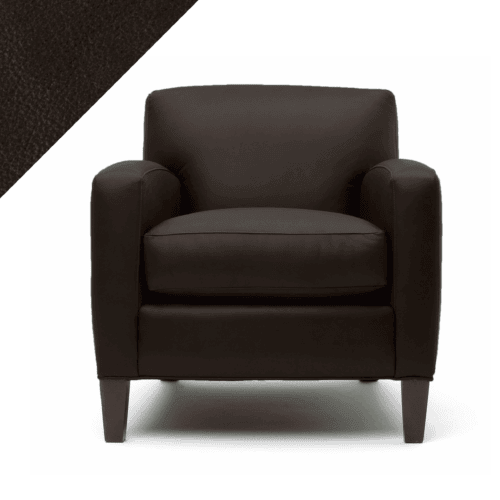 Picture of leather chair demonstrating Rub n Restore coffee brown Espresso color and triangular swatch in upper left corner for reference