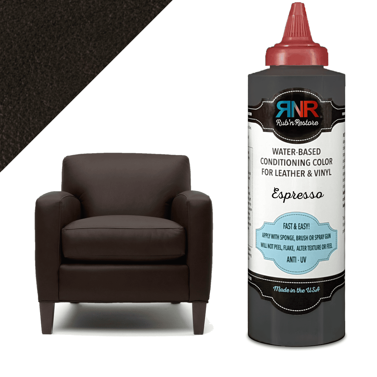 Graphic showing bottle of Espresso Rub n Restore vinyl leather dye with matching coffee-colored chair and texture in upper left corner