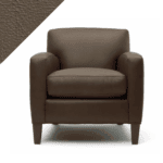 Artistic depiction of a chair in the dark taupe Pebble leather paint by Rub n Restore, complemented by a triangular patch showing leather texture in the upper left corner