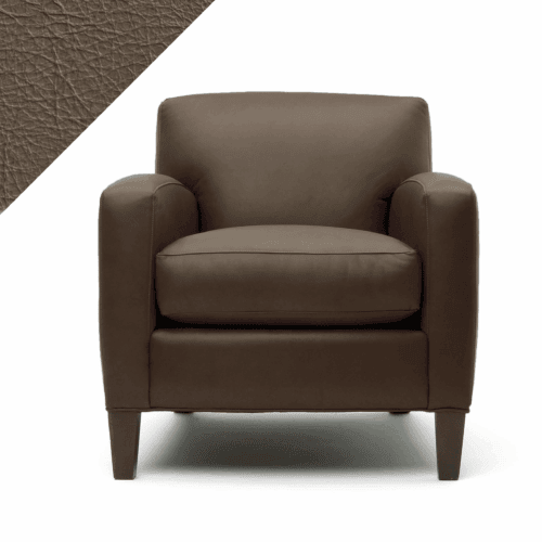Artistic depiction of a chair in the dark taupe Pebble leather paint by Rub n Restore, complemented by a triangular patch showing leather texture in the upper left corner