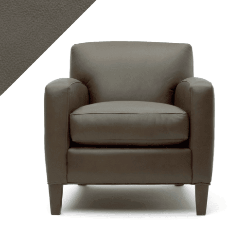 Example of leather chair in Rub n Restore's neutral mushroom Taupe color with triangular swatch in upper left corner as reference