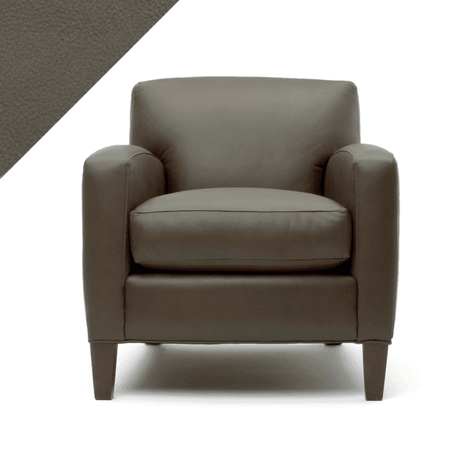 Example of leather chair in Rub n Restore's neutral mushroom Taupe color with triangular swatch in upper left corner as reference