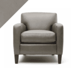 Graphic of armchair in light taupe Clay color by Rub n Restore with triangle example of leather color in left corner