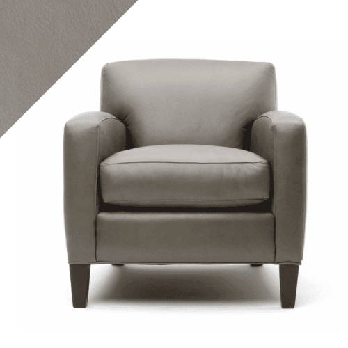 Graphic of armchair in light taupe Clay color by Rub n Restore with triangle example of leather color in left corner
