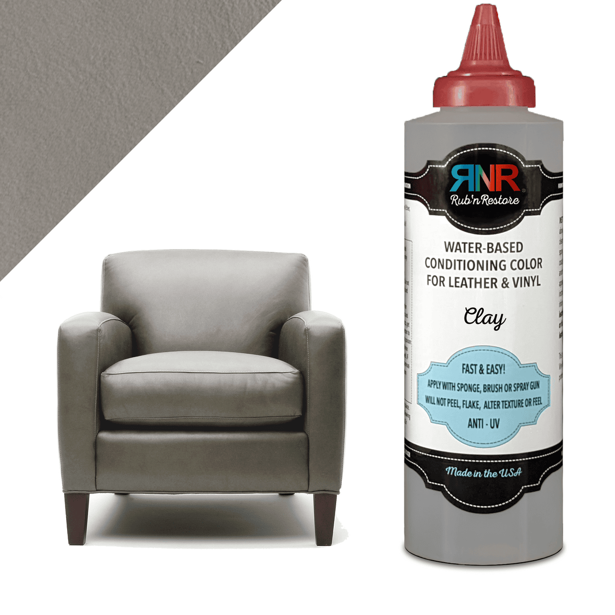 Graphic showing light taupe Clay Rub n Restore leather paint in bottle, on piece of leather, and rendering on leather club chair