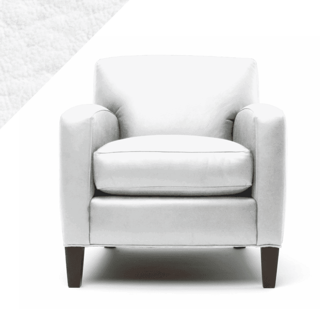 Example of leather chair in Rub n Restore's pure Bright White color with triangular swatch in upper left corner as reference