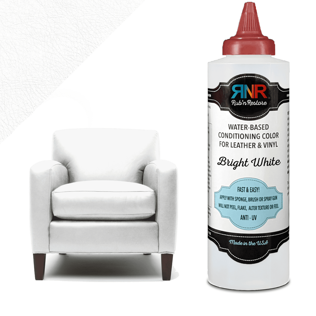 Graphic showing bottle of Bright White Rub n Restore leather vinyl paint next to chair and triangular swatch in same color