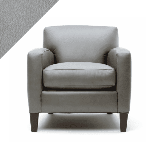 Example of leather chair in Rub n Restore's pale Ash grey color with triangular swatch in upper left corner as reference