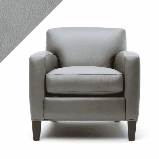 Example of leather chair in Rub n Restore's pale Ash grey color with triangular swatch in upper left corner as reference