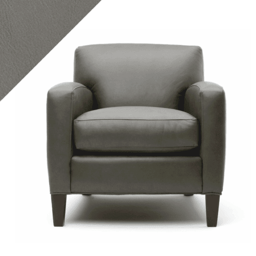 Example of leather chair in Rub n Restore's light Stone grey color with triangular swatch in upper left corner as reference