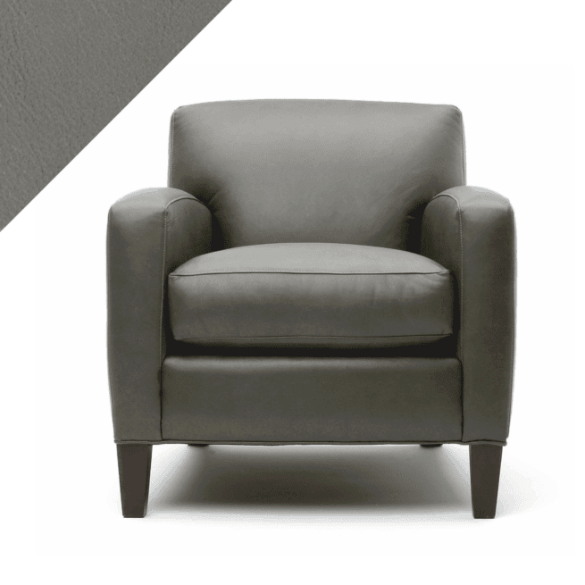 Example of leather chair in Rub n Restore's light Stone grey color with triangular swatch in upper left corner as reference